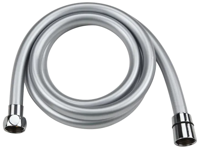Flexibel silverfärgad duschslang med kromade kopplingar i båda ändar, passar standardduschhuvuden. Hållbar, knickresistent design för enkel installation.