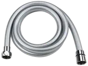 Flexibel silverfärgad duschslang med kromade kopplingar i båda ändar, passar standardduschhuvuden. Hållbar, knickresistent design för enkel installation.