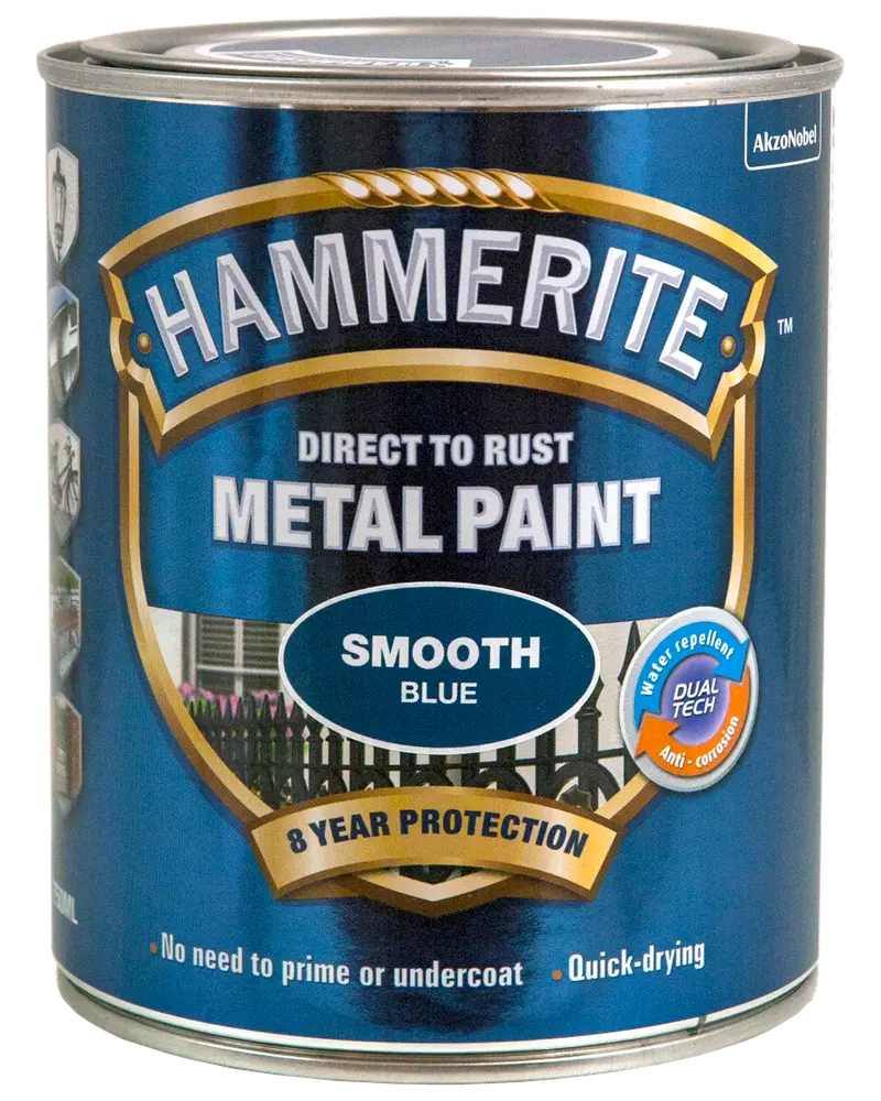 Hammerite glat blå metalmaling, direkte på rust, 8 års beskyttelse, vandafvisende, hurtigtørrende, kræver ikke grunder eller underlag, velegnet til udendørs metaloverflader.