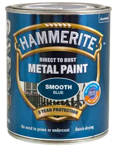 Hammerite glat blå metalmaling, direkte på rust, 8 års beskyttelse, vandafvisende, hurtigtørrende, kræver ikke grunder eller underlag, velegnet til udendørs metaloverflader.