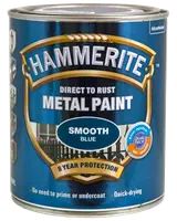 Hammerite glat blå metalmaling, 250 ml dåse. Kan påføres direkte på rust, ingen grunding nødvendig, tørrer hurtigt, giver 8 års beskyttelse til udendørs metal.