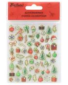 Ark med små julklistermärken: granar, paket, kulor, järnek, snöflingor, rosetter och polkagrisar. Färgglada med guldkant, perfekta för juldekoration.