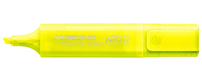 Lys gul Staedtler Textsurfer Classic overstregningspen med skrå spids, transparent krop og hætte med clip. Perfekt til markering af tekst, jævn blækstrøm og komfortabelt greb.