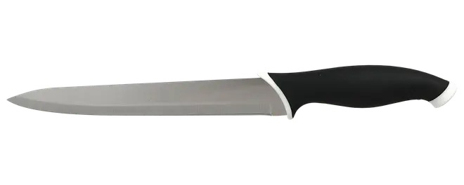 Rustfri stålkøkkenkniv med sort ergonomisk håndtag og sølvfarvet klinge.