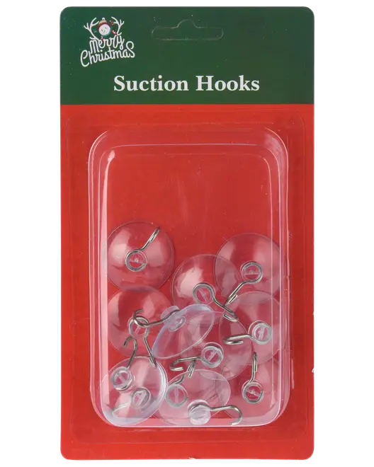 Förpackning med genomskinliga sugproppar och metallkrokar för upphängning av dekorationer. Levereras på röd och grön bakgrund med texten 'Merry Christmas Suction Hooks.'