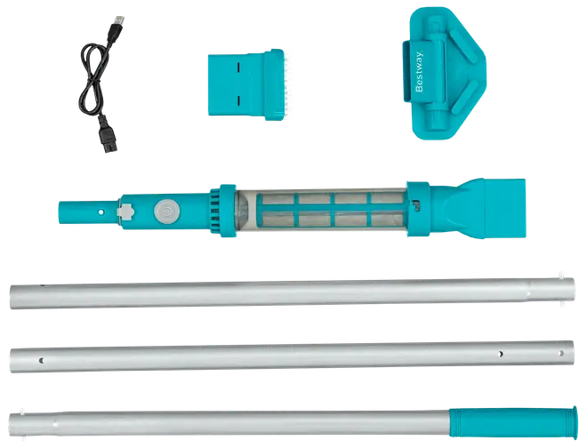 Genopladeligt poolstøvsuger-sæt med blå og sølvdele, teleskopstang, støvsugerhoved, filterkammer, USB-opladerkabel og batteripakke. Velegnet til rengøring af små pools eller spabade.