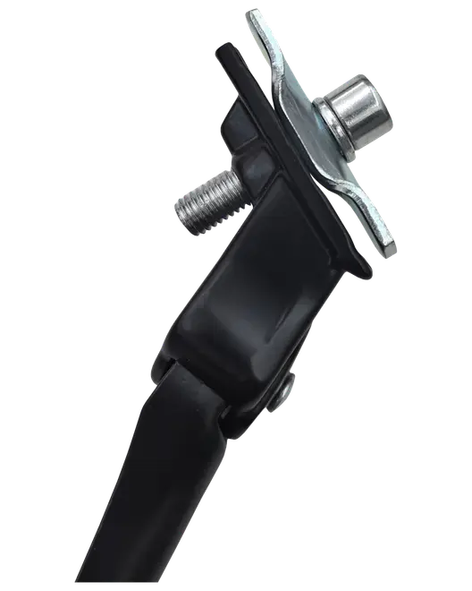 Sort justerbar cykelstøttefod med metalbeslag og bolt til sikker montering. Passer til forskellige cykeltyper og giver stabil støtte ved parkering.