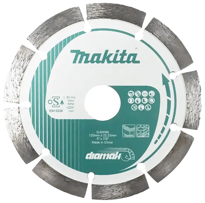 Makita segmenteret diamantskæreskive, 125 mm diameter, 22,23 mm hul, egnet til beton og murværk, sølv og hvid med grøn branding, til vinkelsliber, høj holdbarhed.