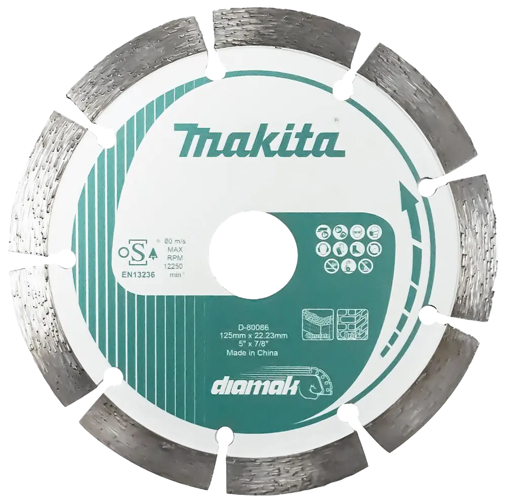 Makita segmenteret diamantskæreskive, 125 mm diameter, 22,23 mm hul, egnet til beton og murværk, sølv og hvid med grøn branding, til vinkelsliber, høj holdbarhed.