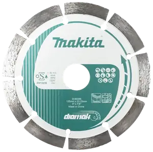 Makita segmenteret diamantskæreskive, 125 mm diameter, 22,23 mm hul, egnet til beton og murværk, sølv og hvid med grøn branding, til vinkelsliber, høj holdbarhed.