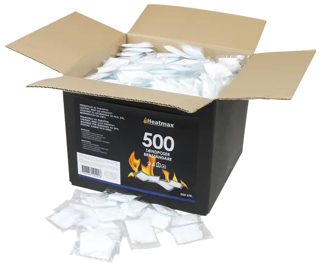 Låda med 500 individuellt förpackade Heatmax tändpåsar, lämpliga för att tända eldstad, grill eller lägereld. Varje påse är för engångsbruk.