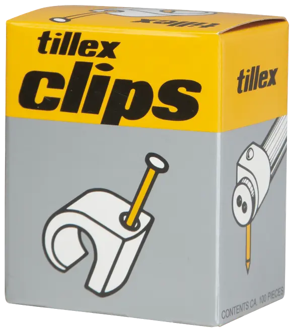Æske med Tillex clips, indeholder 100 hvide plast kabelclips med søm, beregnet til fastgørelse af kabler på vægge eller overflader. Velegnet til elinstallationer og kabelstyring.