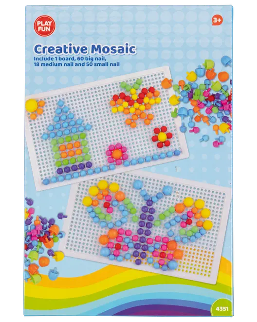 Kreativt mosaiksæt til børn med plade og farverige søm i forskellige størrelser. Indeholder 1 plade og 128 søm. Velegnet til børn fra 3 år og opefter.