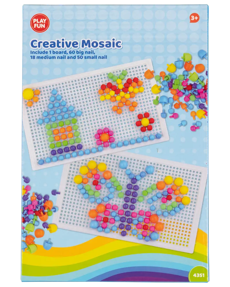 Kreativt mosaiksæt til børn med plade og farverige søm i forskellige størrelser. Indeholder 1 plade og 128 søm. Velegnet til børn fra 3 år og opefter.