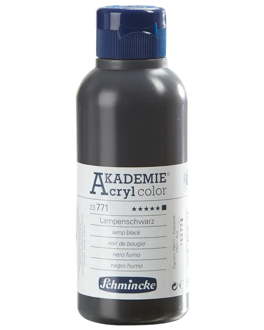 500 ml flaske Schmincke Akademie Acryl farve akrylmaling i Lamp Black, med blå skruelåg og detaljeret etiket på flere sprog.