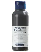 500 ml flaska Schmincke Akademie akrylfärg i Lamp Black, med blått skruvlock och detaljerad etikett på flera språk.