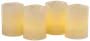Fyra flamlösa LED-ljus med realistiskt vaxutseende och varm gul glöd, batteridrivna, säkra för inomhusbruk, perfekta för heminredning eller evenemang.