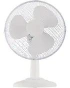Vit bordfläkt med tre blad, skyddande nätgaller och stabil rund bas. Passar för hem eller kontor för svalka och luftcirkulation.