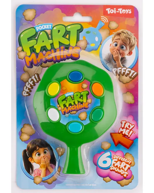 Grøn plastik lommelyde-maskine med seks farverige knapper, der hver giver en anderledes pruttelyd. Pakket på et farverigt kort med sjove grafikker og produktbranding.