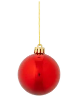 Blank röd julgranskula med guldfäste och snöre. Rund form, slät yta, perfekt för julgransdekoration. Klassisk högtidsprydnad.