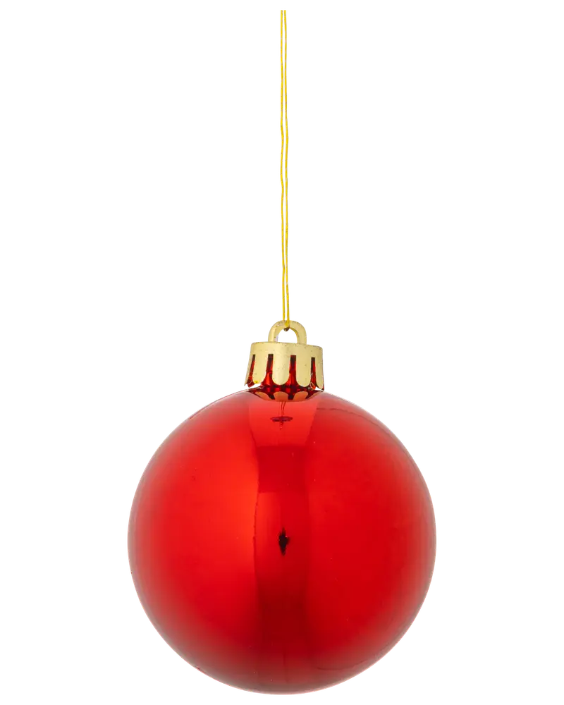 Blank röd julgranskula med guldfäste och snöre. Rund form, slät yta, perfekt för julgransdekoration. Klassisk högtidsprydnad.