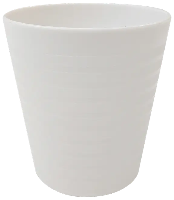 Hvid affaldsspand i plastik med glat, let konisk cylindrisk form. Minimalistisk design uden håndtag eller låg. Velegnet til hjem eller kontor. Let og nem at rengøre.