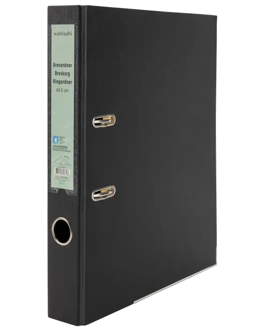Svart A4-pärm med metallhål och två metallringar, 5 cm rygg. Passar för dokumentförvaring. Hållbart omslag med etikettficka på ryggen.
