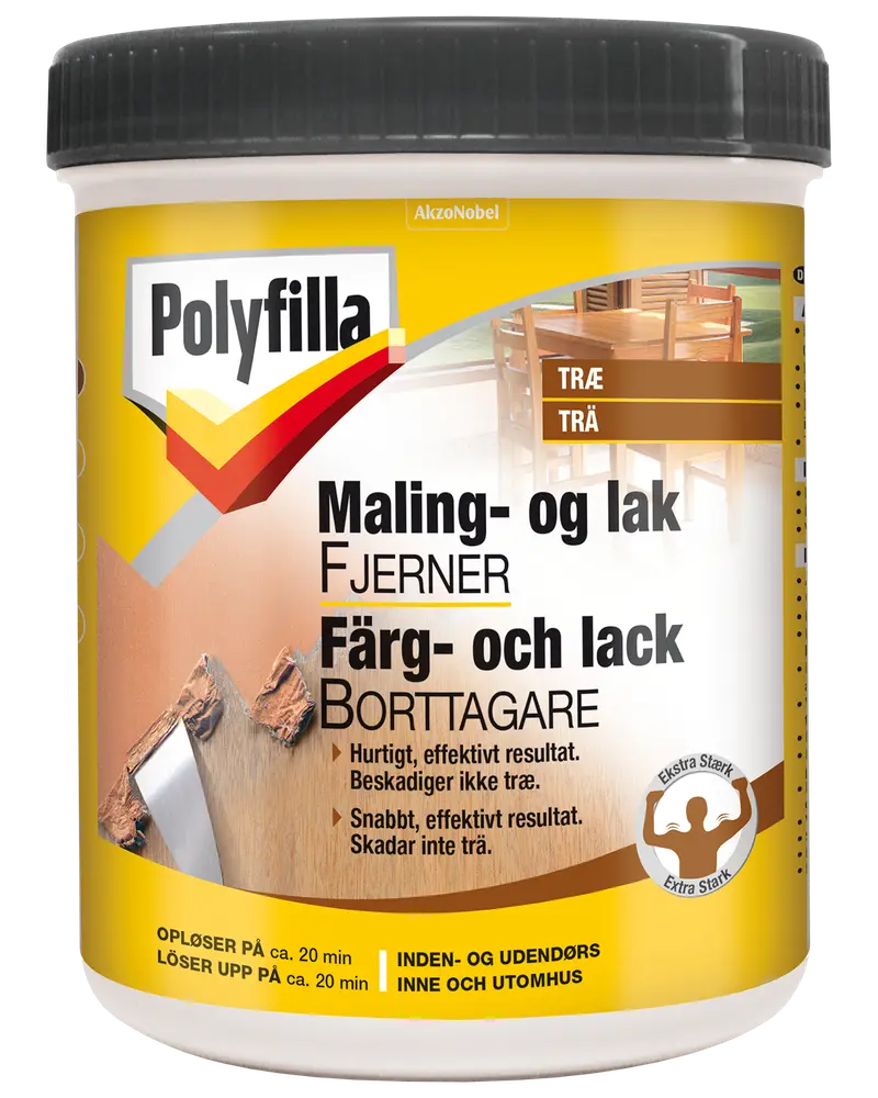 Polyfilla maling- og lakfjerner til træ, 500 ml bøtte med sort låg. Hurtig, effektiv virkning, skader ikke træet, til indendørs og udendørs brug.