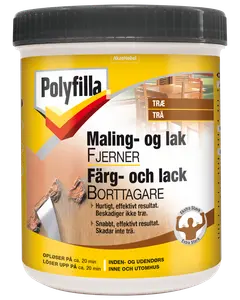Polyfilla maling- og lakfjerner til træ, 500 ml bøtte med sort låg. Hurtig, effektiv virkning, skader ikke træet, til indendørs og udendørs brug.