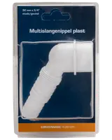 Hvid plast multislangenippel, 32 mm x 3/4 tomme, med rillet ende og vinkel, egnet til køkkenvask VVS. Leveres i klar blisterpakning.