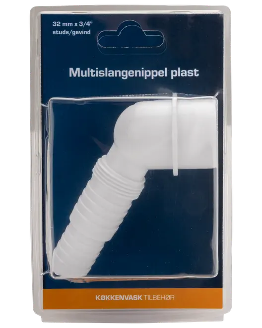 Vit plast multislangnippel, 32 mm x 3/4 tum, med räfflad ände och vinkel, passar köksvaskens rör. Förpackad i klar blisterförpackning.