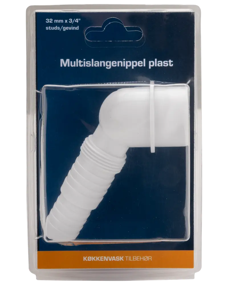 Hvid plast multislangenippel, 32 mm x 3/4 tomme, med rillet ende og vinkel, egnet til køkkenvask VVS. Leveres i klar blisterpakning.