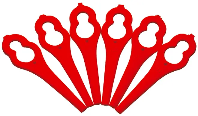 Sæt med seks røde plast reserveskær til havetrimmer, med rundet hoved og lang krop, to cirkulære huller for nem montering og sikker pasform.