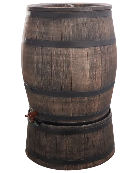 Stor regnvandstønde i træ med mørke metalbånd og rustikt look, udstyret med tappehane nederst. Velegnet til opsamling af regnvand i haven.