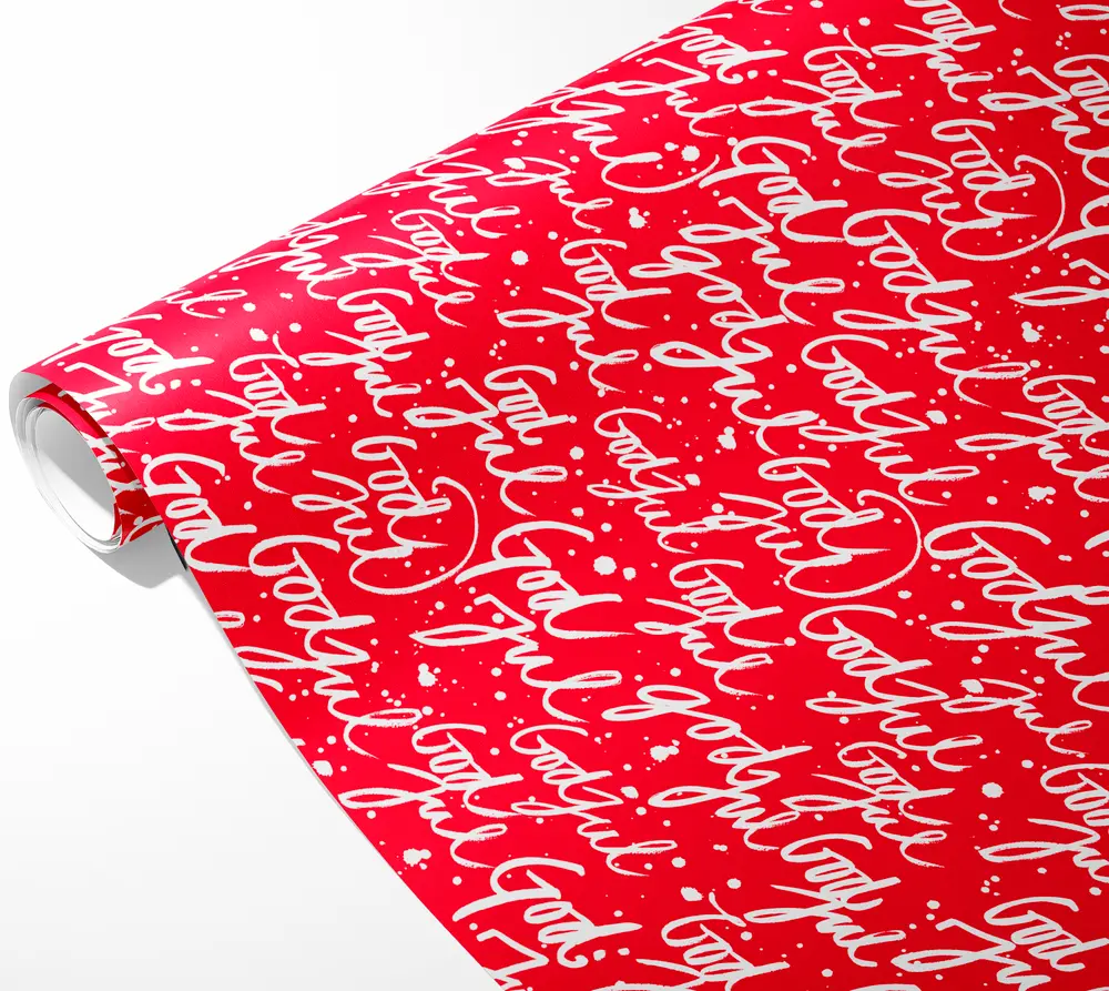 Rött presentpapper med vit text 'Goodbye' i skrivstil och vita färgstänk. Blank yta, passar till festliga eller avskedspresenter.