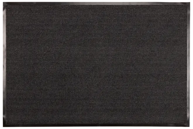 Rektangulär svart dörrmatta med fin horisontell ribbad struktur, slitstarkt material, halkfri baksida, passar för inomhus- eller utomhusbruk, designad för att fånga smuts och fukt.