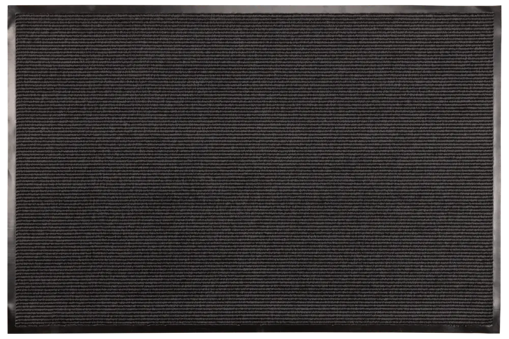 Rektangulär svart dörrmatta med fin horisontell ribbad struktur, slitstarkt material, halkfri baksida, passar för inomhus- eller utomhusbruk, designad för att fånga smuts och fukt.