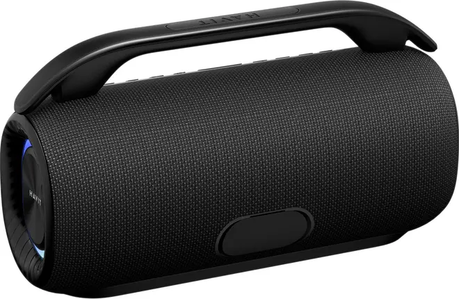 Bærbar sort Bluetooth-højttaler med tekstureret stofoverflade, indbygget bærehåndtag, cylindrisk form og sidepassive radiatorer. Perfekt til både udendørs og indendørs brug.