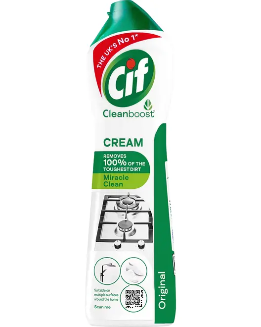 Cif Cleanboost Cream Original rengøringscreme i grøn-hvid flaske, til at fjerne genstridigt snavs på flere overflader i hjemmet og komfurer.