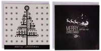 Två fyrkantiga julkort, ett med geometriskt träd, ett med tomtens släde. Båda har texten “Merry Christmas” och levereras med vita kuvert.