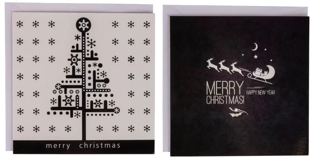 Två fyrkantiga julkort, ett med geometriskt träd, ett med tomtens släde. Båda har texten “Merry Christmas” och levereras med vita kuvert.