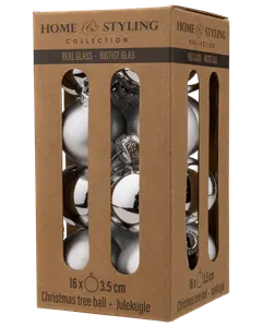 Förpackning med 16 silverfärgade julgranskulor i glas, varje 3,5 cm i diameter, i brun kartong med fönster för enkel visning och förvaring.