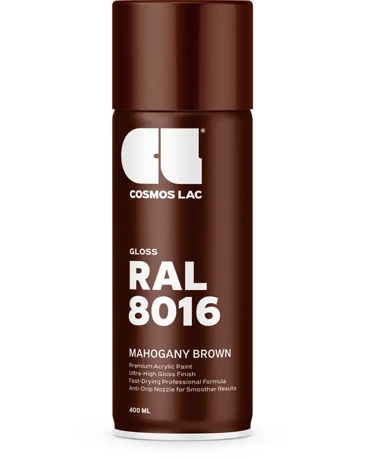 400 ml spraydåse med Cosmos Lac blank akrylmaling i RAL 8016 mahogni brun. Ultra-høj glans, hurtigtørrende formel og anti-dryp dyse for jævn påføring.