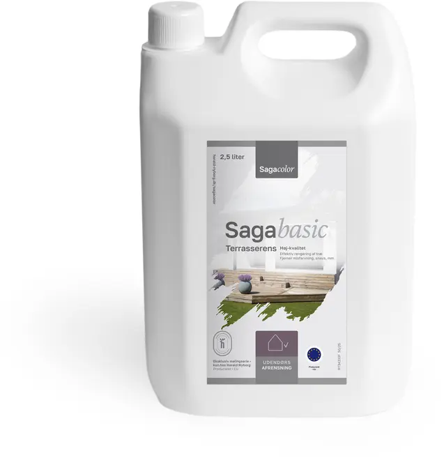 Hvid plastdunk, 2,5 liter, Sagacolor Sagabasic terrasserens med bærehåndtag og skruelåg. Etiketten viser anvendelse til udendørs rengøring og vedligeholdelse af træ.