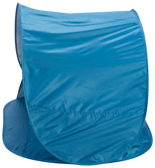 Blått pop-up-privattält av lätt, vattentätt tyg. Rund, hopfällbar ram för enkel montering och förvaring. Perfekt för ombyte, camping eller portabel toalett.