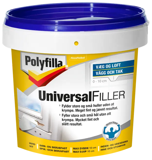 Polyfilla Universal Filler, hvid, til væg og loft, udfylder huller op til 10 cm, ekstra stærk, til indendørs og udendørs brug, søm- og skruefast.