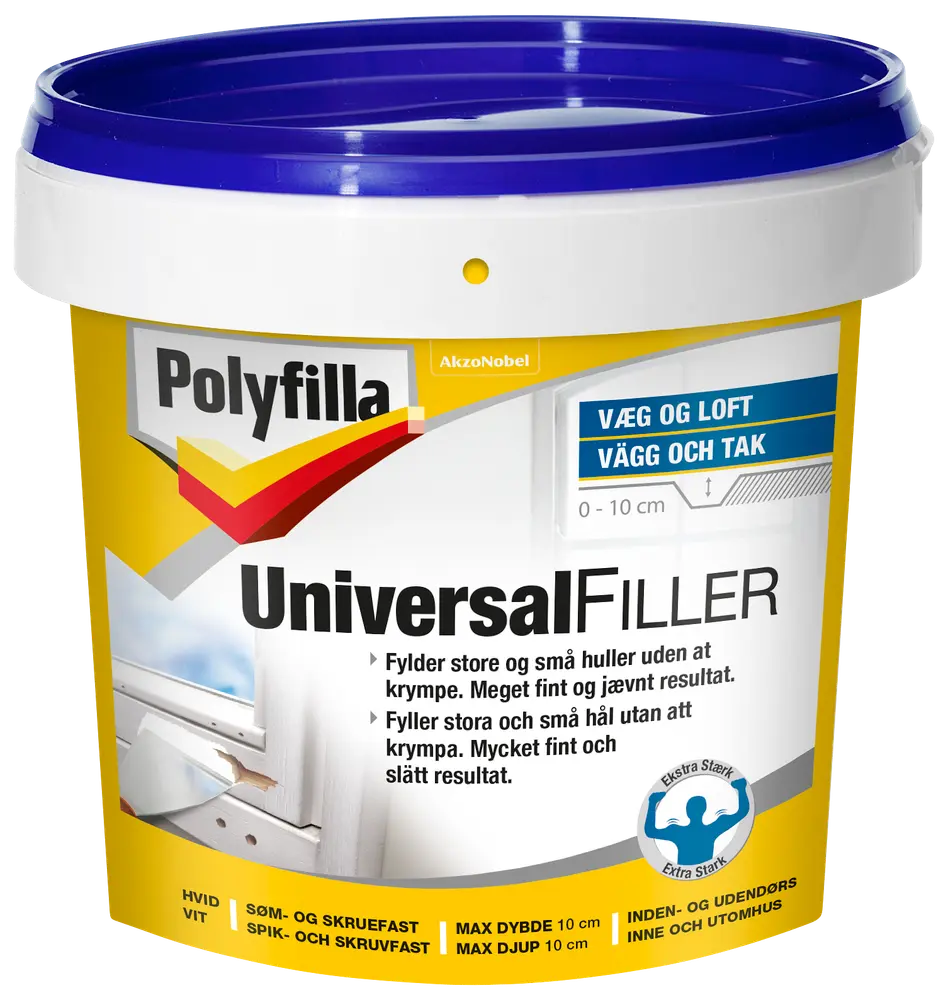 Polyfilla Universal Filler, hvid, til væg og loft, udfylder huller op til 10 cm, ekstra stærk, til indendørs og udendørs brug, søm- og skruefast.
