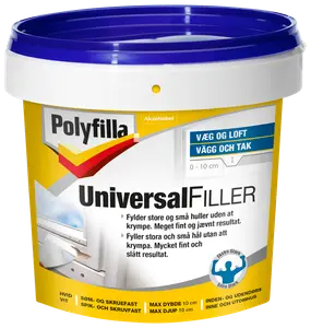Polyfilla Universal Filler, hvid, til væg og loft, udfylder huller op til 10 cm, ekstra stærk, til indendørs og udendørs brug, søm- og skruefast.