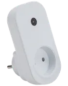Hvid smart stikadapter med rund stikkontakt og enkelt knap på fronten, designet til europæiske stikkontakter. Velegnet til fjernstyring af elektriske apparater.
