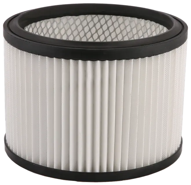 Cylindrisk dammsugarfilter med svarta gummikant, vita veckade sidor och nät, avsedd för våt/torr-dammsugare. Hållbar och enkel att installera.